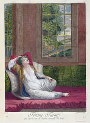 Türkische Frau, ruht sich nach einem Bad auf dem Sofa aus, 18. Jahrhundert